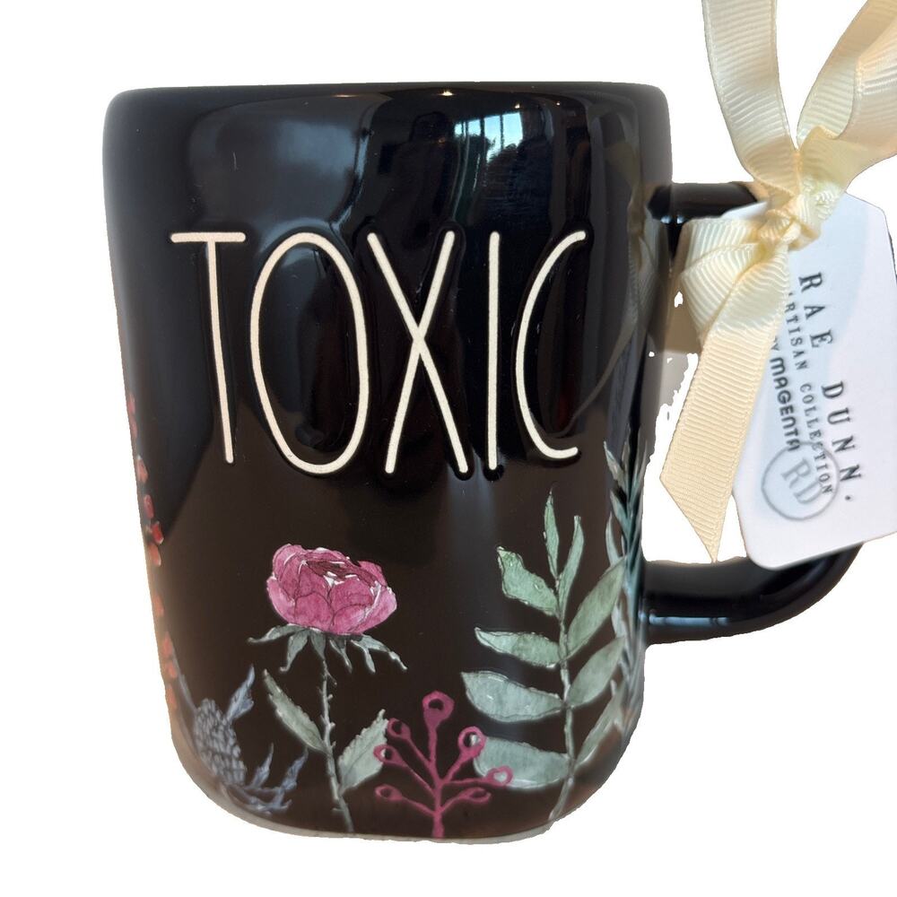Rae Dunn "Toxic" Black Ceramic Mug Floral Pattern Halloween Double Sided NEW